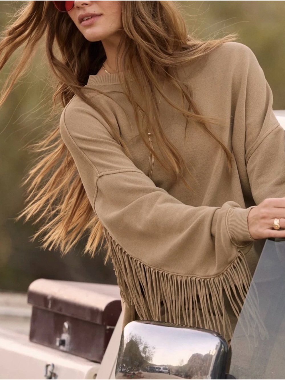 Aerie Women's Brown Fringe Back Sweatshirt Crew Neck Pullover XS